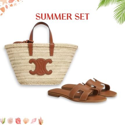 Summer Set: Celine Teen Celine Classic Panier In Palm Leaves Tan And Hermes Slippers Flat Oran Brown H021056Z
