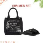 Summer Set: Prada Natural Raffia Logo Tote Black 18Cm And Raffia Crisscross Slides Black