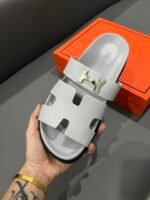 Hermes Chypre Sandal H Logo Silver Hardware Light Grey - Image 9