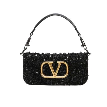 Valentino Loco Medium Vlogo Sequins Shoulder Bag Black 26Cm