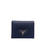 Prada Small Saffiano Lux Leather Flap Continental Triangle Navy Blue Wallet 10Cm