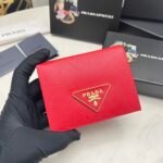 Prada Small Saffiano Lux Leather Flap Continental Triangle Red Wallet 10Cm - Image 9