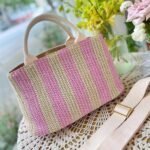 Prada Tote Printed Raffia Tan Pink Small 30cm - Image 2
