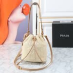 Prada Crochet And Leather Bucket Bag Natural 24Cm 1Be068 2M2T F0018 V Ouo - Image 2