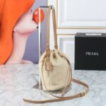 Prada Crochet And Leather Bucket Bag Natural 24Cm 1Be068 2M2T F0018 V Ouo - Image 8
