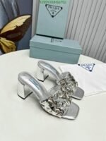 Prada Studded Metallic Leather Mules Silver - Image 2