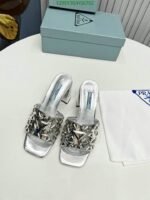 Prada Studded Metallic Leather Mules Silver - Image 3