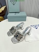 Prada Studded Metallic Leather Mules Silver - Image 4