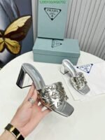 Prada Studded Metallic Leather Mules Silver - Image 5