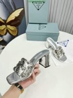 Prada Studded Metallic Leather Mules Silver - Image 9