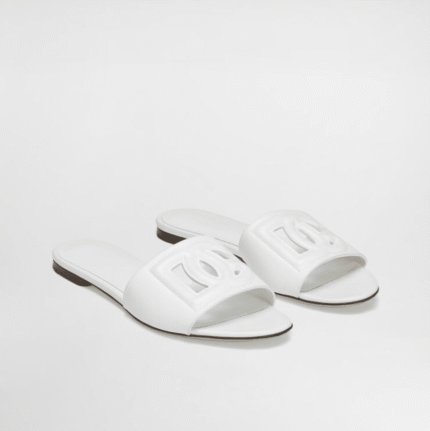 Dolce And Gabbana Calfskin Slides With Dg Logo In White – Size 12 Us – 43 Eu