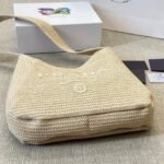 Prada Logo Embossed Raffia Shoulder Bag Beige 33cm 1BC186VOUO2A2T - Image 6