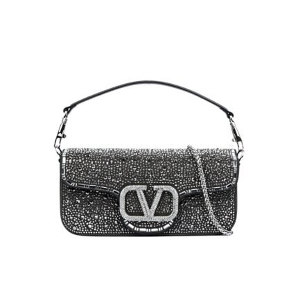 Valentino Garavani Locò Shoulder Bag With Rhinestones Black 28Cm