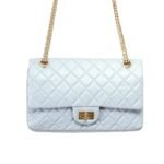 Chanel 2.55 Handbag Gold Tone Metal Light Blue 25Cm