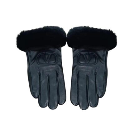 Valentino Rabbit Fur Black Leather Gloves