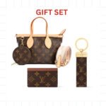 Gift Set: Louis Vuitton Neverfull Bb Bag Beige With Card Wallet And Dragonne Keychain