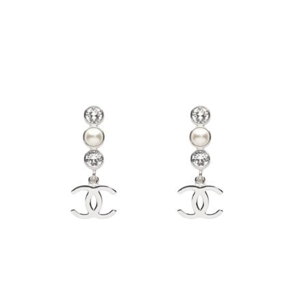 Chanel Crystal Cc Pearl Drop Earrings Silver Abg202 B21707 U2865
