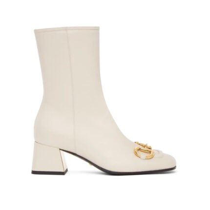 Gucci Women’S Horsebit Mid Heel Ankle Boots White 643888 Bko00 9022