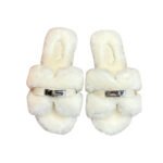 Hermes Shearling Fur Oran Silver Buckle Sandal White