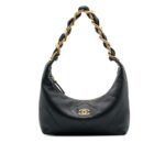 Chanel Hobo Handbag Shiny And Gold Tone Metal Black 24Cm