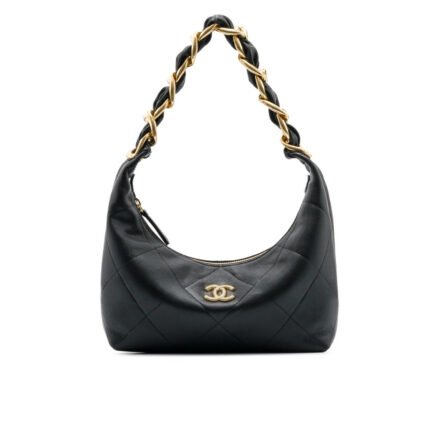 Chanel Hobo Handbag Shiny And Gold Tone Metal Black 24Cm