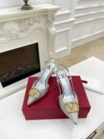 Valentino Garavani Vlogo Woven Leather Slingback Pumps Silver - Image 3