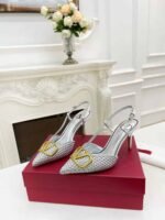 Valentino Garavani Vlogo Woven Leather Slingback Pumps Silver - Image 5