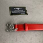 Chanel Leather Belt With Cc Pearl And Silver Tone Metal Red 3Cm - Image 3