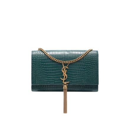 Saint Laurent Kate Tassel Medium Crocodile Embossed Leather Green With Gold Hardware 22Cm